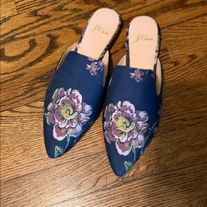 J. Crew Navy Embroidered Floral Pointed Mules